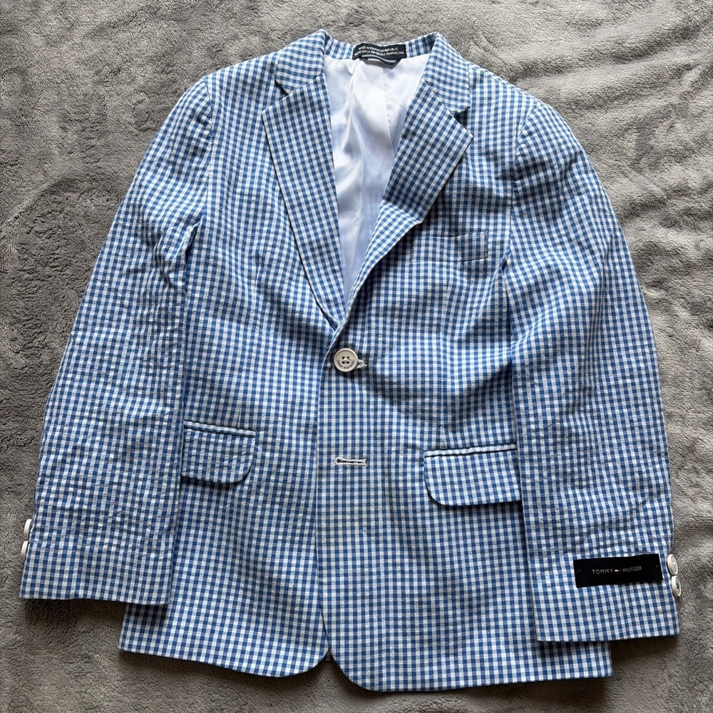 Tommy Hilfiger Boy's Blue White‎ Plaid Seersucker Blazer Size 6
